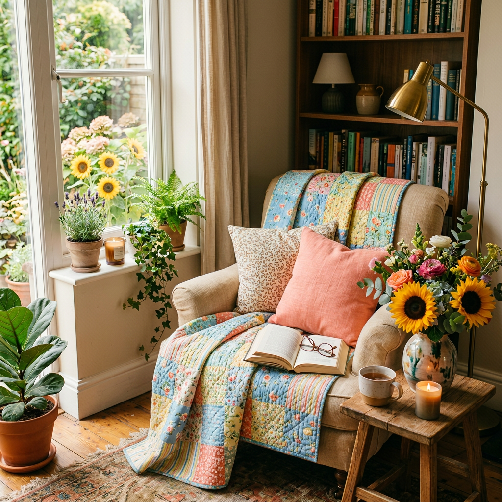 Armchair with blankets and pillows beside window with potted plants and bookshelf